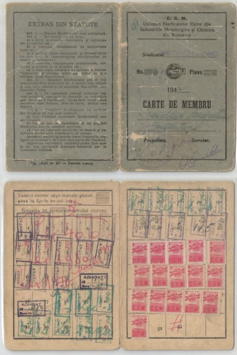 Romania, Confederatia Generala a Muncii, Carnet de membru, Bucuresti, 1946