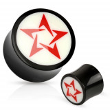 Cumpara ieftin Plug pentru ureche, rotund, din material organic, alb cu negru, stea roşie - Lățime: 12 mm