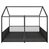 Pat dublu pentru copii 90x200 cm, formă de casă, cu barieră de siguranță, fără saltea, Negru