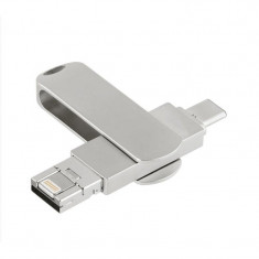 Flash Drive universal 3in1, pentru Iphone si Android, 128gb, din metal, argintiu, Gonga foto