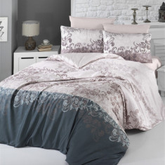 Lenjerie de pat dubla King Size, Victoria, Rina Brown, 6 piese, 100% bumbac satinat, tesatura Jacquard, maro