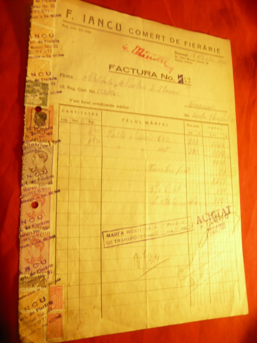 Factura cu Antet Firma Iancu- Comert Fierarie Bucuresti 1943 cu12 timbre fiscale