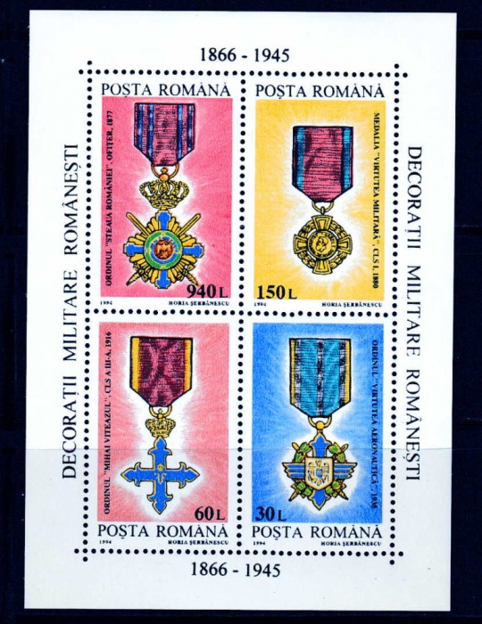✅RO 1994 LP 1366 &quot;Decoratii militare romanesti&quot; , colita 296 , MNH
