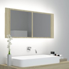vidaXL Dulap de baie cu oglinda ?i LED, stejar Sonoma, 100x12x45 cm foto