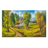 Tablou pictat manual, La casa din padure, plaiuri mioritice, 100x60cm ulei pe panza