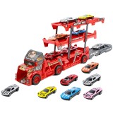 Set Camion Trailer pentru Transport Masinute de Curse, Tir si 6 Masini, Platforma cu 3 Nivele, Lansator, Roti Mobile, Jucarie Interactiva, pentru Copi