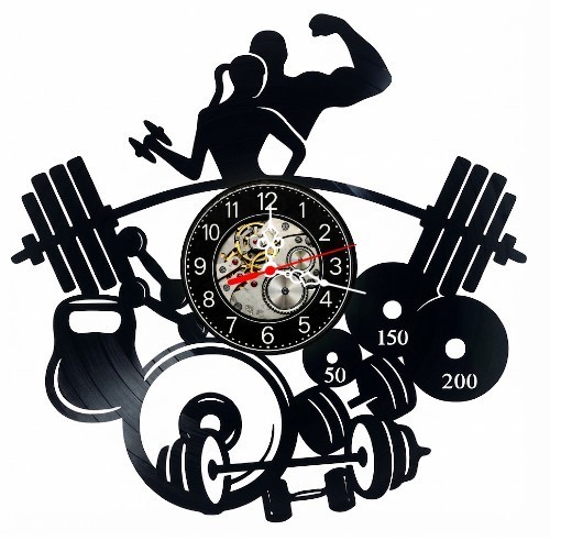 Ceas de perete decorativ realizat din disc de vinil, Model Fitness Gym Couple, Haltera Gantere Kettlebell, Negru, 30 cm