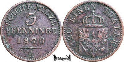 1870 A, 3 Pfenninge - Wilhelm I - Regatul Prusiei foto