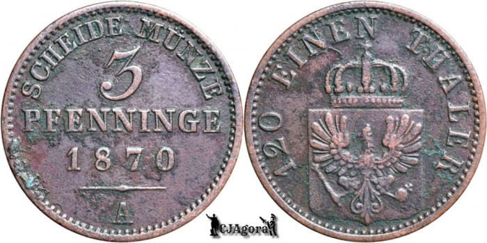 1870 A, 3 Pfenninge - Wilhelm I - Regatul Prusiei