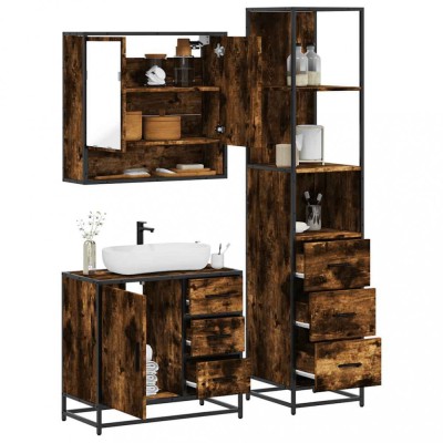 vidaXL Set mobilier de baie, 3 piese, stejar fumuriu, lemn prelucrat 3301167 foto