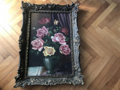 Tablou,pictura veche franceza,in ulei pe panza,vaza cu trandafiri foto