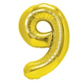 Balon din Folie Metalizata, Figurina Cifra, Tema Aniversare 80 cm, Ambalaj Individual, Pai inclus, Umflare cu Aer sau Heliu, Auriu, Cifra 9