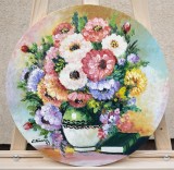 Cumpara ieftin Tablou rotund vaza cu flori si carte pictat manual, 40cm diametru, ulei pe panza, Constantin Feraru