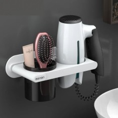 Suport pentru uscatorul de par, autoadeziv, pahar pentru articole baie, din ABS, dimensiuni 23 x 13 x 9 cm, alb