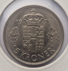 Danemarca 5 Kroner 1979 moneda cupru nichel km # 1421 tiraj mic