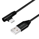 CABLU alimentare si date LOGILINK, pt. smartphone, USB 2.0 (T) la USB 2.0 Type-C (T) la 90 grade, 0.3m, premium, cablu cu impletire din bumbac, negru,