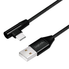 CABLU alimentare si date LOGILINK, pt. smartphone, USB 2.0 (T) la USB 2.0 Type-C (T) la 90 grade, 0.3m, premium, cablu cu impletire din bumbac, negru,