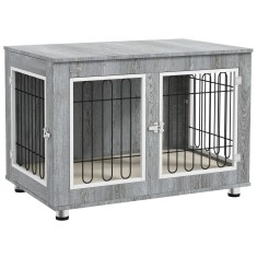 PawHut Cage pentru c&acirc;ini animale cușcă de c&acirc;ini pe picioare cu pernă detașabilă oțel aspect lemn 90 x 58 x 65 cm gri | Aosom Romania