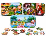 Cumpara ieftin Set 3 Puzzle-uri Educative din Lemn, 60 Piese fiecare, in Cutii Metalice, Modele Scufita Rosie, Cei Trei Purcelusi si Ratuste, 22.5 x 13.5 cm, Multico