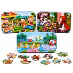 Set 3 Puzzle-uri Educative din Lemn, 60 Piese fiecare, in Cutii Metalice, Modele Scufita Rosie, Cei Trei Purcelusi si Ratuste, 22.5 x 13.5 cm, Multico