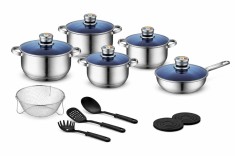 Set vase gatit inox Royalty Line 18 piese cu capace sticla