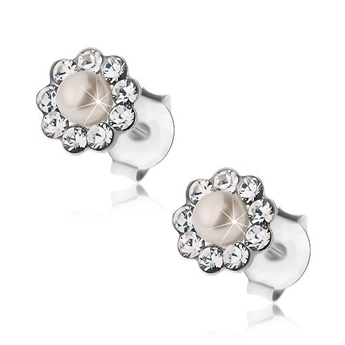 Cercei, argint 925, șuruburi, floare - cristale Preciosa și perlă mică albă  | Okazii.ro