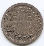 Olanda 10 Cents 1910 - Wilhelmina, Argint 1.4 g/640, 15 mm KM-145, Europa