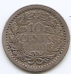 Olanda 10 Cents 1910 - Wilhelmina, Argint 1.4 g/640, 15 mm KM-145 foto