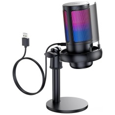 Microfon Profesional ME6S USB, cu Brat Ajustabil, Cardioid, Noise Reduction, RGB, Mute, pentru Streaming, Gaming, Podcast, PC, PS4, PS5, Negru