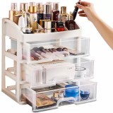 Organizator Cosmetice din Plastic, Translucid cu Nuanță Lăptoasă, 27x23.5x17cm, Design Versatil cu Sertare