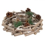 Suport Decorativ de Craciun Shopiens&reg; din lemn pentru lumanare pastila decorat cu conuri, 32 cm