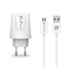 Incarcator Retea (14119) DeTech DE-01M 230V / 5V - 2,1A 2xUSB + Cablu de Date Micro USB Alb Blister