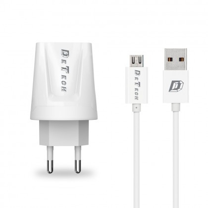 Incarcator Retea (14119) DeTech DE-01M 230V / 5V - 2,1A 2xUSB + Cablu de Date Micro USB Alb Blister