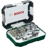 Set 26 accesorii, biti, suport universal, 4 chei tubulare, adaptor chei tubulare, cheie clichet, Bosch