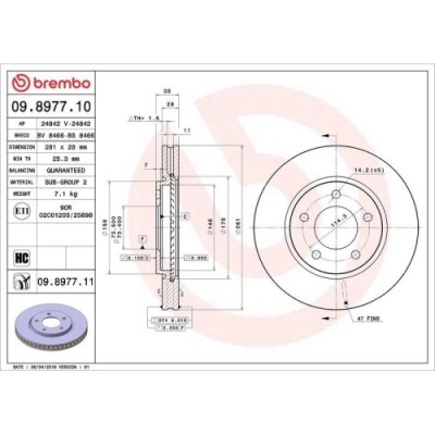 Set disc frana Chrysler Voyager 4 (Rg Rs) 09.99-12.08; Dodge Caravan (Rg) 02.00-12.07, Fata, 281X28mm, ventilat, BREMBO foto