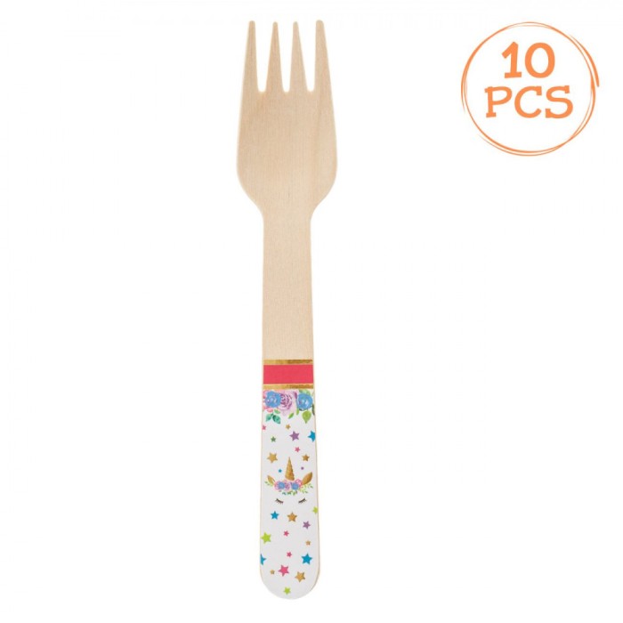 Furculițe Petrecere, Model Unicorn, 16 cm, Set 10 Bucăți, Multicolor, Lemn Eco-Friendly
