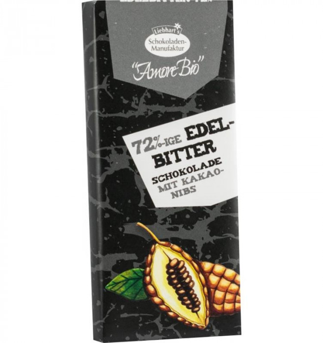 Ciocolata Amaruie cu Miez din Boabe de Cacao Bio 72% Cacao 40 grame Liebhart&#039;s