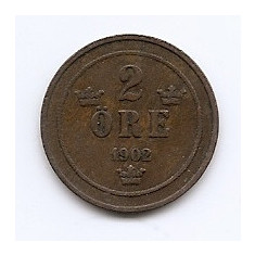 Suedia 2 Ore 1902 - Oscar II (litere mari) Bronz, 21 mm KM-746