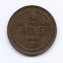 Suedia 2 Ore 1902 - Oscar II (litere mari) Bronz, 21 mm KM-746 foto