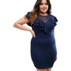 Y551P-44 Rochie scurta conica, cu volanase si decolteu din plasa semitransparenta - plus size