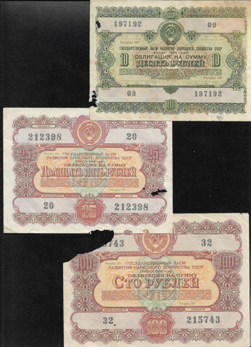 Set bonduri obligatiuni Rusia URSS 10 + 25 + 100 ruble 1955/56 uzate