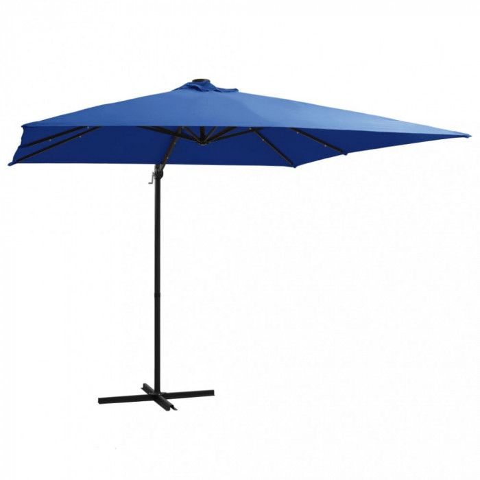 Umbrelă suspendată cu LED și st&acirc;lp oțel, azuriu, 250 x 250 cm