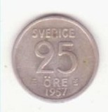 Monedă argint Suedia 25 &Ouml;re 1957
