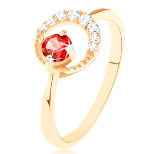 Inel din aur 375 - semilună cu zirconii, granat roșu rotund - Marime inel: 60