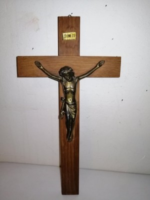 Cruce veche religioasa din lemn alama Crucifix de perete vechi catolic Isus din alama Germania foto