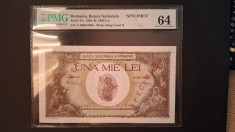 ROMANIA 1000 LEI 1940 Supratipar SPECIMEN Gradata PMG 64 UNC Necirculata. RRR !!