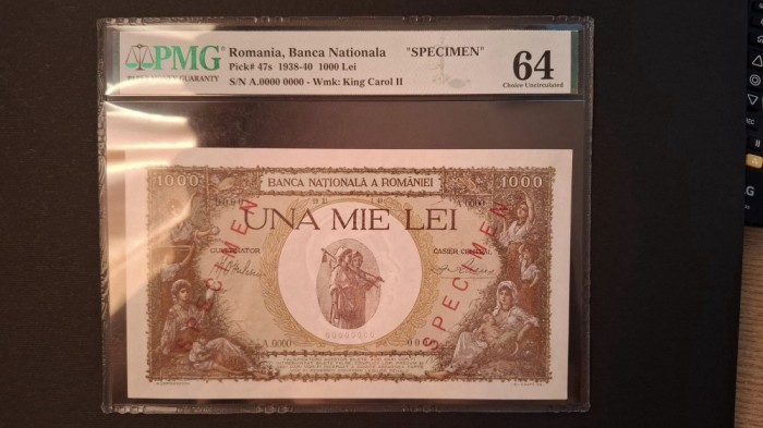 ROMANIA 1000 LEI 1940 Supratipar SPECIMEN Gradata PMG 64 UNC Necirculata. RRR !!