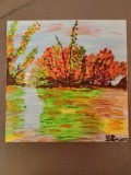 TABLOU PE PANZA CU SASIU NOU 50X50 CM PEISAJ DE TOAMNA ACRILIC PRET 100 LEI NEGOCIABIL