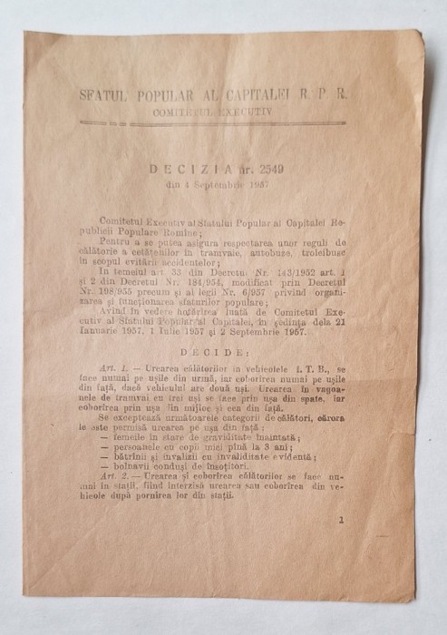 Decizia nr. 2549 &mdash; Sfatul Popular al Capitalei, I.T.B. București 1957 &mdash; reguli urcare/cobor&acirc;re