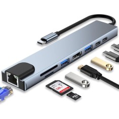 Hub Adaptor Multiport 8 in 1 USB-C, 1 x Ethernet, 1 x USB 3.0, 1 x HDMI 4K, 30 Hz, Power Delivery Port 87 W, Cititor de Carduri SD si Micro SD, Dockin